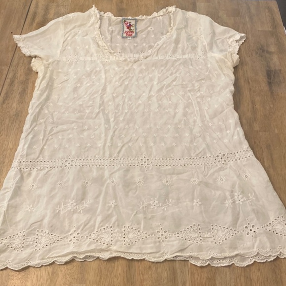 Johnny Was White Short Sleeve Feminine Eyelet Lacy Top - L